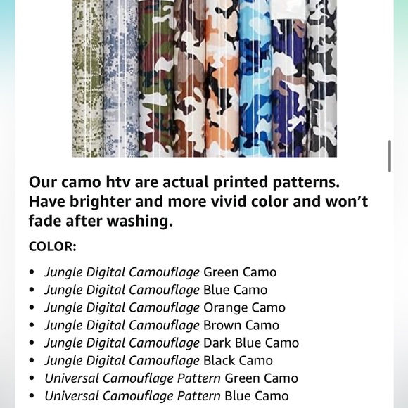 $8 🌸 Heat Transfer Vinyl ~ Camouflage Camo Variety Pack ~ Multipack Multiple - Picture 9 of 10